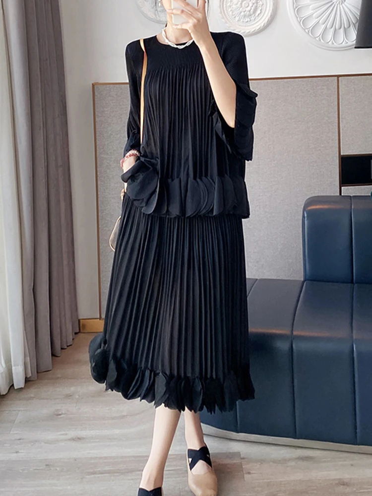 Pleated Two Piece Sets Fashion Round Collar Flare Sleeve Elegant Top And A Line Skirt - Image 15