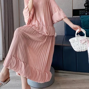 Pleated Two Piece Sets Fashion Round Collar Flare Sleeve Elegant Top And A Line Skirt