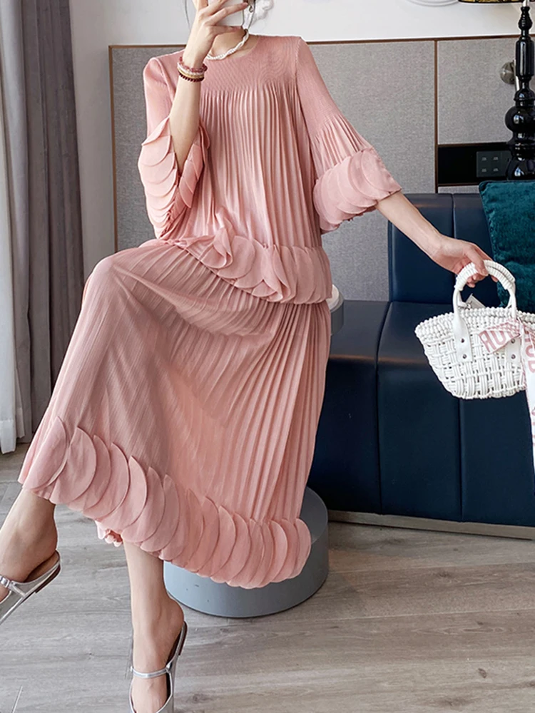 Pleated Two Piece Sets Fashion Round Collar Flare Sleeve Elegant Top And A Line Skirt