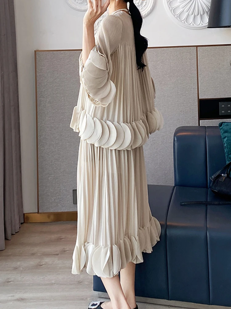 Pleated Two Piece Sets Fashion Round Collar Flare Sleeve Elegant Top And A Line Skirt - Image 17