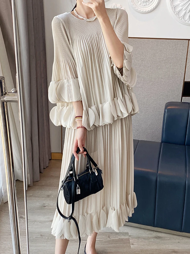 Pleated Two Piece Sets Fashion Round Collar Flare Sleeve Elegant Top And A Line Skirt - Image 3
