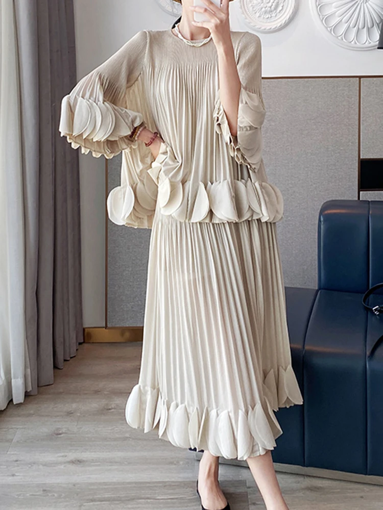 Pleated Two Piece Sets Fashion Round Collar Flare Sleeve Elegant Top And A Line Skirt - Image 4