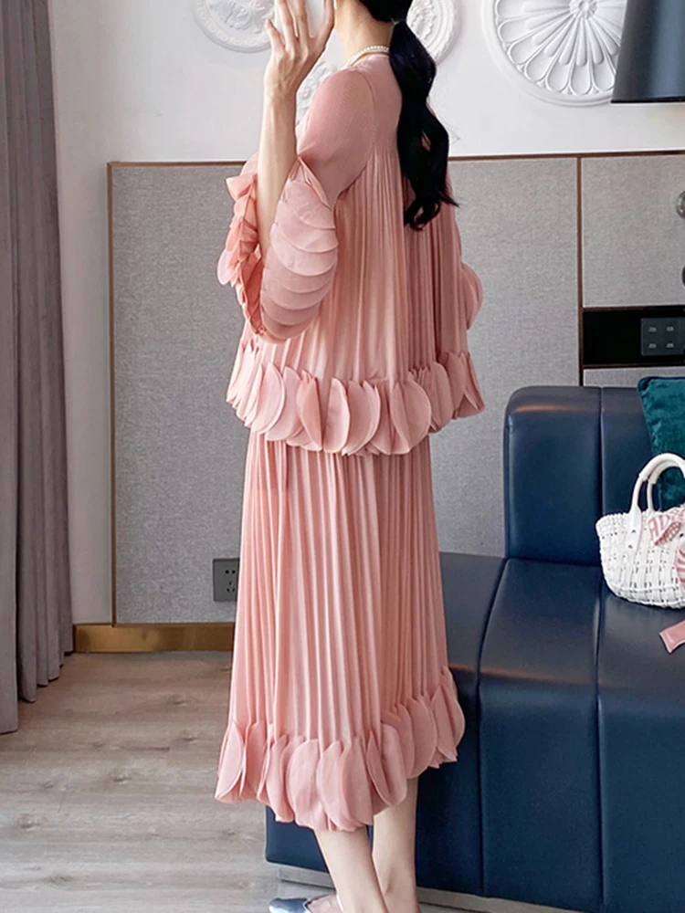 Pleated Two Piece Sets Fashion Round Collar Flare Sleeve Elegant Top And A Line Skirt - Image 5