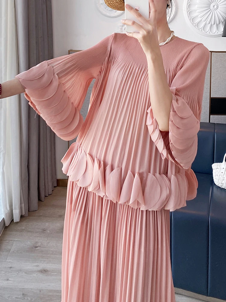 Pleated Two Piece Sets Fashion Round Collar Flare Sleeve Elegant Top And A Line Skirt - Image 7