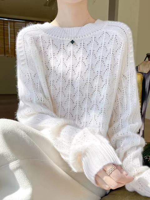 Pullover O-Neck Full Sleeve Loose Hollow Knit High Quality Cashmere Sweater - Image 9