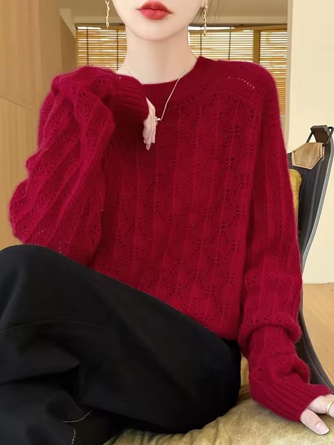 Pullover O-Neck Full Sleeve Loose Hollow Knit High Quality Cashmere Sweater - Image 8