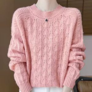 Pullover O-Neck Full Sleeve Loose Hollow Knit High Quality Cashmere Sweater