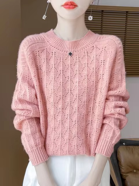 Pullover O-Neck Full Sleeve Loose Hollow Knit High Quality Cashmere Sweater