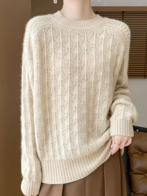 Pullover O-Neck Full Sleeve Loose Hollow Knit High Quality Cashmere Sweater - Image 7