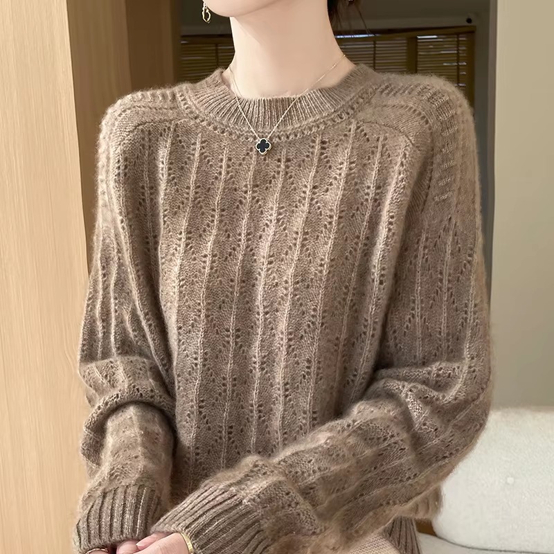 Pullover O-Neck Full Sleeve Loose Hollow Knit High Quality Cashmere Sweater - Image 6