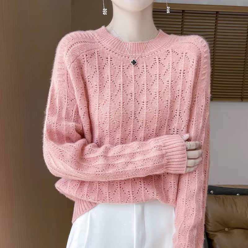 Pullover O-Neck Full Sleeve Loose Hollow Knit High Quality Cashmere Sweater - Image 2