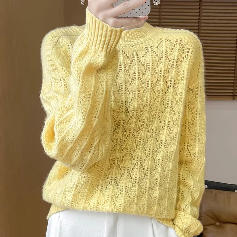 Pullover O-Neck Full Sleeve Loose Hollow Knit High Quality Cashmere Sweater - Image 5