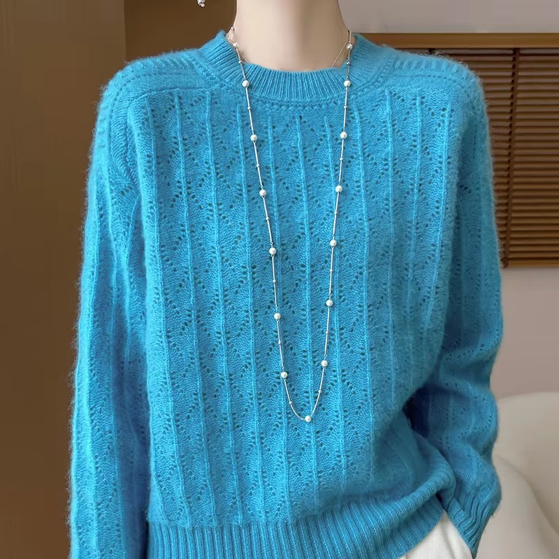 Pullover O-Neck Full Sleeve Loose Hollow Knit High Quality Cashmere Sweater - Image 4