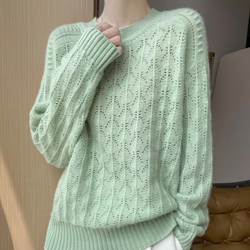 Pullover O-Neck Full Sleeve Loose Hollow Knit High Quality Cashmere Sweater - Image 3