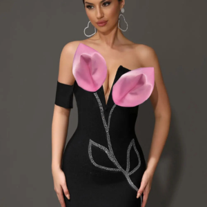 Rhinestone Asymmetric Off Shoulder 3D Decorative Evening Club Party Bodycon Bandage Mini Dress