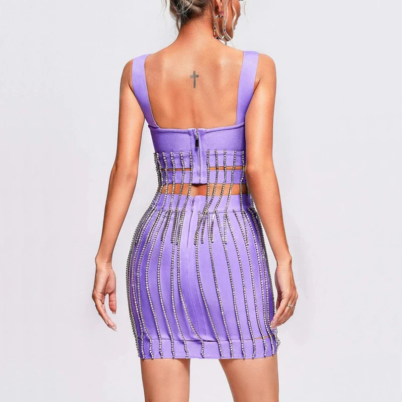Rhinestone Chain Square Collar Spaghetti Strap Party Two Piece Bandage Top&Skirt - Image 3