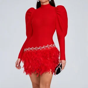 Rhinestones Turtleneck zipper Long Sleeves Feather Cocktail Party Bandage Dress