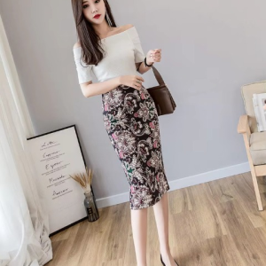 Printed Split High Waist Fashion Zipper Bag Hip Casual Commuter Skirt