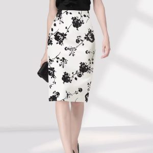 Elegant Floral Printed High Waist Fashion Back Slit Midi Pencil Sexy Skinny Skirts