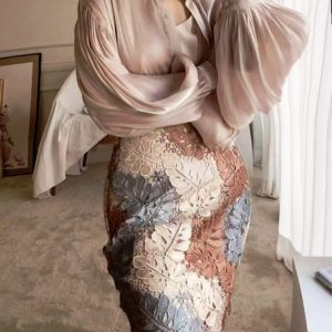 Bi-material Floral Fashion Lace Mini/Knee Luxury Pencil Skirt