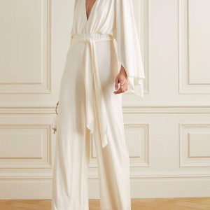 Sash A-Line V-Neck Long Sleeves Natural Waist Floor-Length Bridal Wedding Jumpsuit