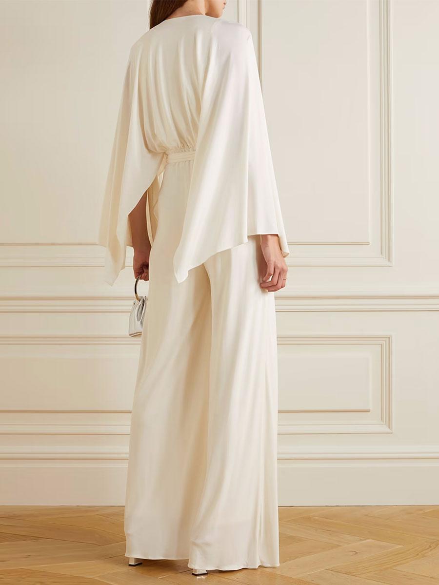 Sash A-Line V-Neck Long Sleeves Natural Waist Floor-Length Bridal Wedding Jumpsuit - Image 2