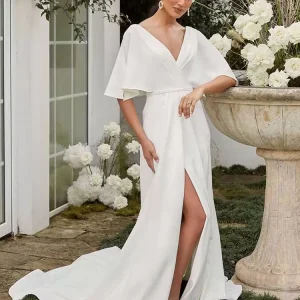 Split Satin Fabric A-Line V-Neck Half Sleeves Pleated Bridal Wedding Gowns