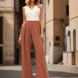 Satin Fabric Back Zipper V-Neck Sleeveless Floor-Length Bridal Jumpsuit