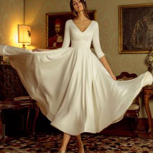 Satin Fabric V-Neck Half Sleeves A-Line Short Tea-Length Bridal Wedding Dress