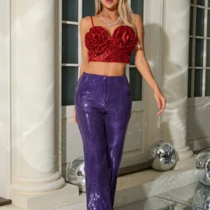 Sequin Lace-Up Two Piece Sets Elegant Party Crop Top And Trousers Suits