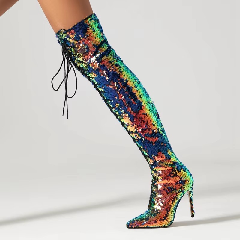 Sequin Pointed Lace up Nightclub Style High Leg Over Knee Long Boots - Image 6