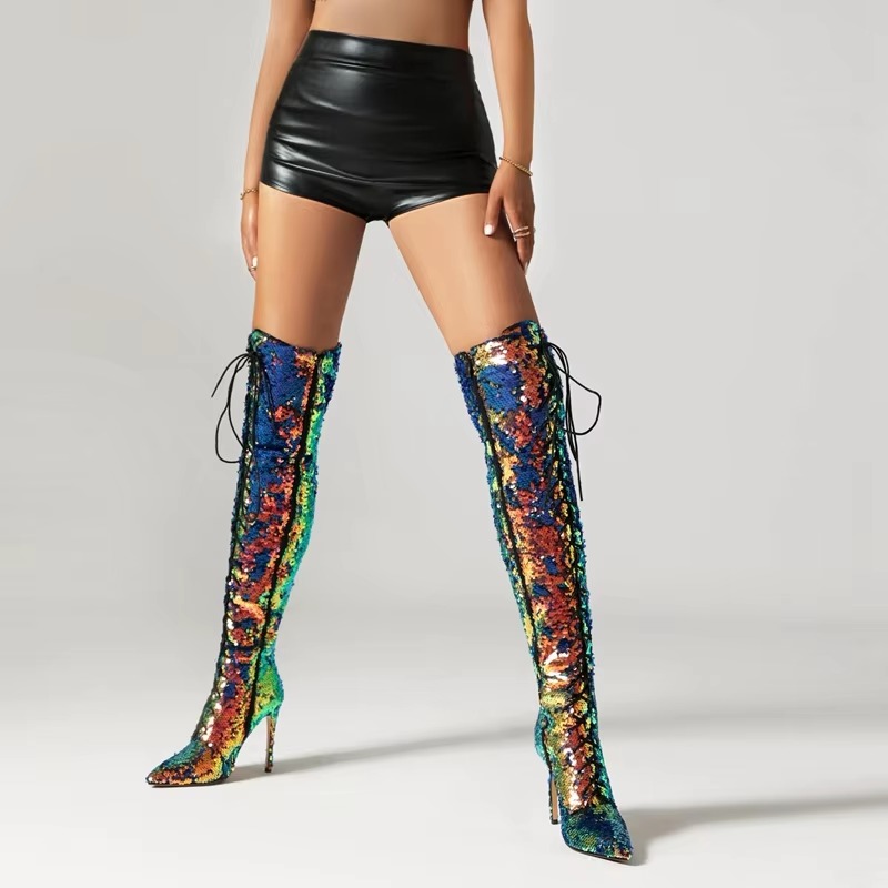 Sequin Pointed Lace up Nightclub Style High Leg Over Knee Long Boots - Image 4