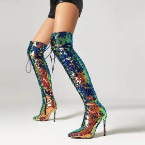 Sequin Pointed Lace up Nightclub Style High Leg Over Knee Long Boots