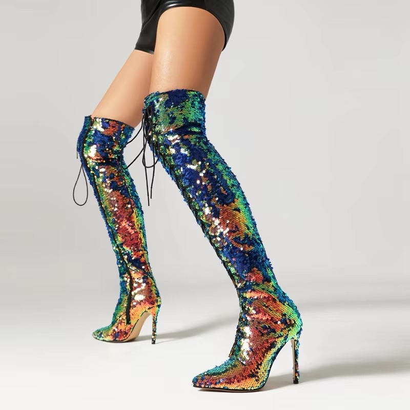 Sequin Pointed Lace up Nightclub Style High Leg Over Knee Long Boots