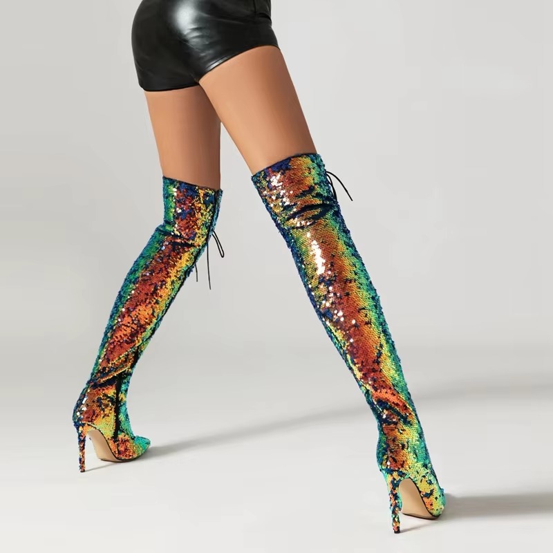 Sequin Pointed Lace up Nightclub Style High Leg Over Knee Long Boots - Image 5