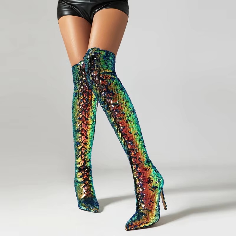 Sequin Pointed Lace up Nightclub Style High Leg Over Knee Long Boots - Image 3