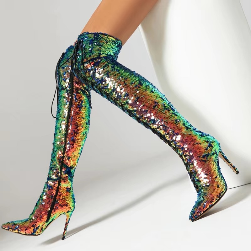 Sequin Pointed Lace up Nightclub Style High Leg Over Knee Long Boots - Image 2