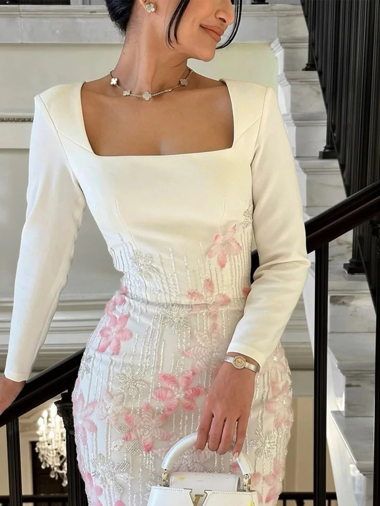 Sequins Bead Square Neck Flower Long Sleeves Tassel Design Evening Party Long Bodycon Dresses - Image 3