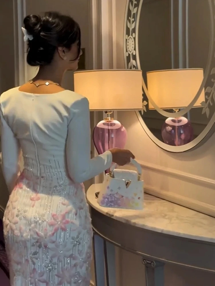 Sequins Bead Square Neck Flower Long Sleeves Tassel Design Evening Party Long Bodycon Dresses - Image 4