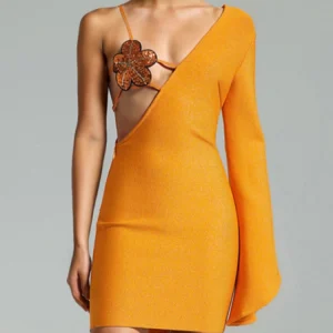 Sequins Flower One Shoulder Long Sleeve Backless Cocktail Bodycon Bandage Mini Dresses