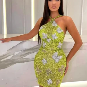 Sequins Solid Halter Off the Shoulder Birthday Party Homecoming Bodycon Mini Dress
