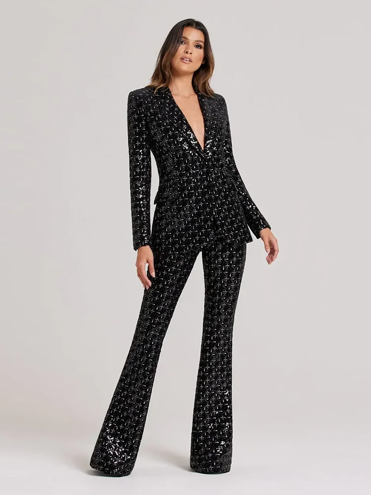 Sequins Single Two Piece Set Elegant Single Button Blazer And Wide Leg Pants Suits - Image 3