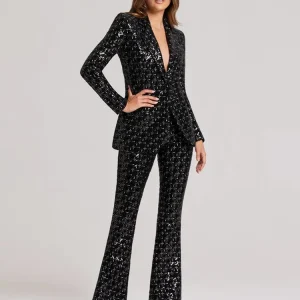 Sequins Single Two Piece Set Elegant Single Button Blazer And Wide Leg Pants Suits