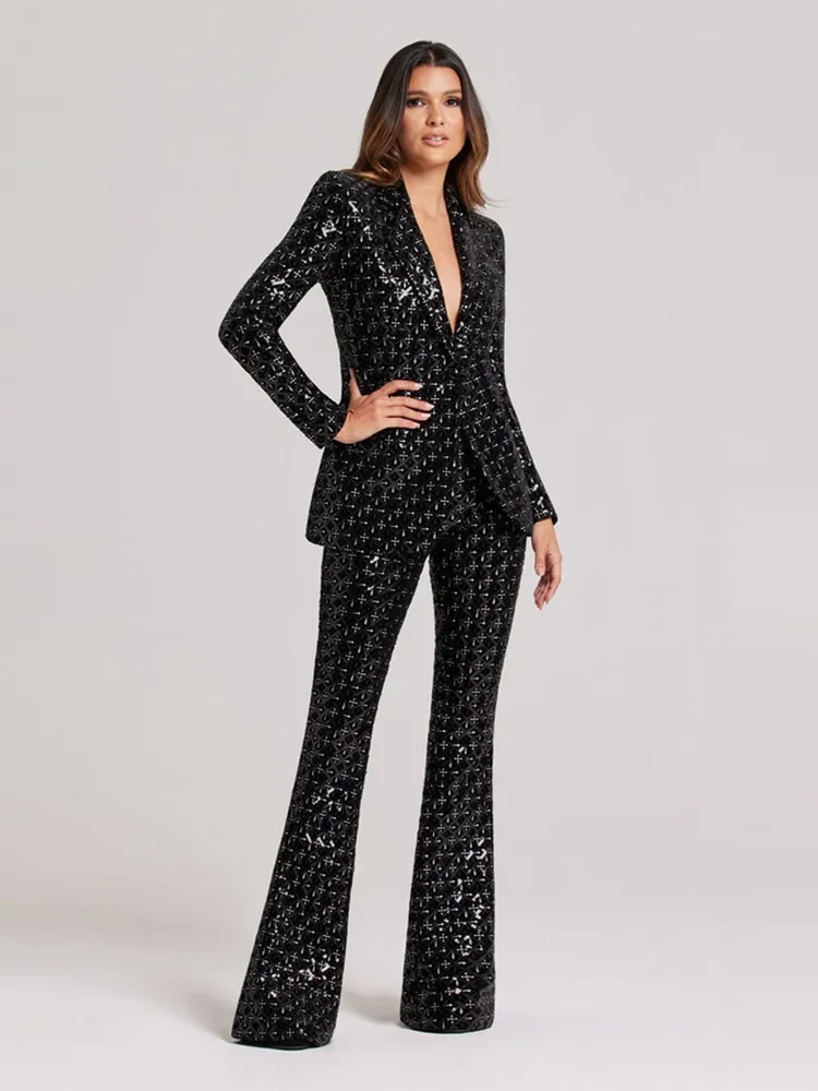 Sequins Single Two Piece Set Elegant Single Button Blazer And Wide Leg Pants Suits