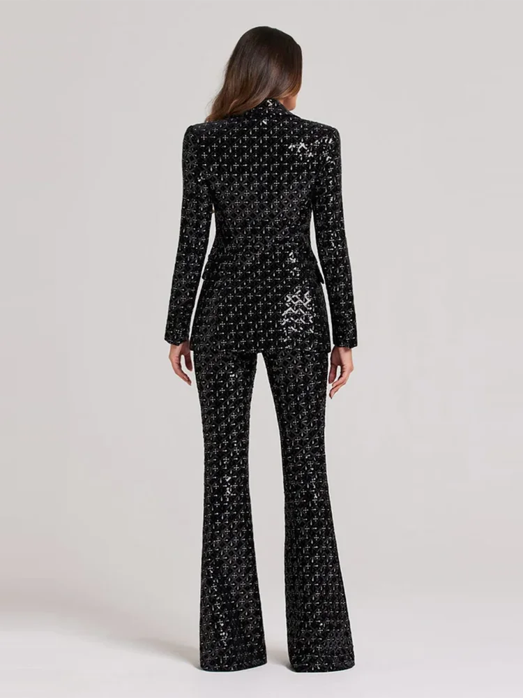 Sequins Single Two Piece Set Elegant Single Button Blazer And Wide Leg Pants Suits - Image 4