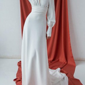 Simple Mermaid Elastic Silk Like Satin High Collar Long Sleeves Cut Out A-Line Bridal Wedding Gowns