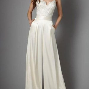 Simple Satin Fabric Lace V-Neck Sleeveless Bridal Wedding Jumpsuits