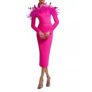 Slash Neck Feather Long sleeve empire Waist Tight Cocktail Party Bandage Dress