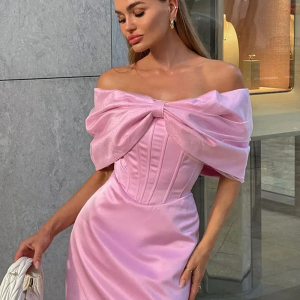 Slash neck One Collar Shoulder Bow Decoration Evening Party Bodycon Asymmetric Mini Dress