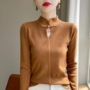 Solid Mock Neck long sleeved pullover Loose knitted Street wear cashmere sweater